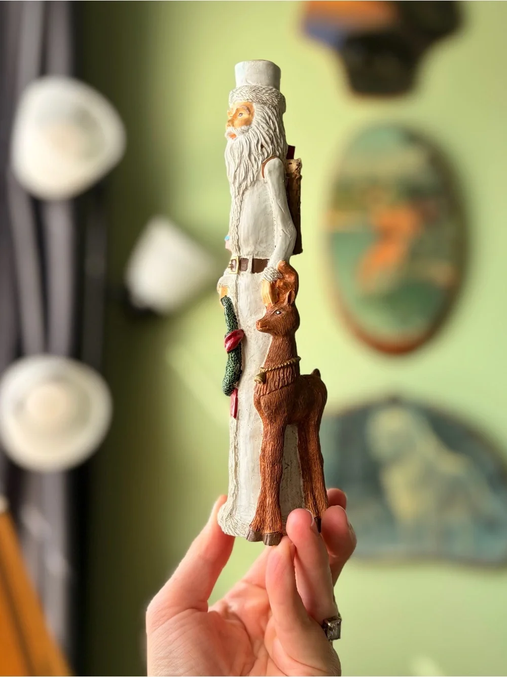 White Slender Santa Vintage Candlestick Holder Figurine with Deer & Wreath